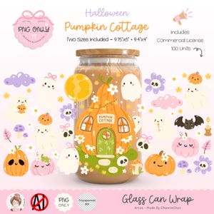 以下が含まれることがあります： ハロウィーンをテーマにしたガラス缶ラップ。デザインには、カボチャのコテージ、幽霊、カボチャ、花、コウモリが含まれています。ラップのテキストは「Pumpkin Cottage」と書かれています。2つのサイズが含まれています：24.77cm x 12.7cmと23.88cm x 10.16cm。