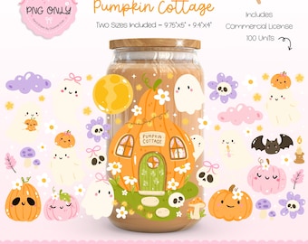 Ghost Pumpkin Cottage PNG, Halloween Libbey Glass Can Wrap, Cute Pumpkin Halloween, Spooky Tumbler Design, Ghost Wrap, Halloween Gift
