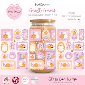 Könnte beinhalten: Ein Glasdosen-Wrap mit Halloween-Illustrationen. Das Design zeigt Geister- und Kürbisfiguren in verzierten Rahmen, mit dem Text "Happy Halloween" und "Boo". Der Text "Ghost Frame" und "PNG Only" ist ebenfalls enthalten.