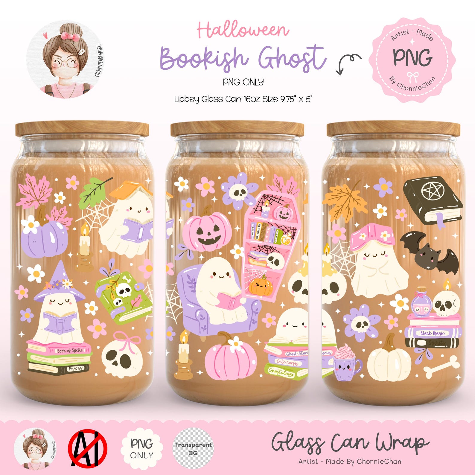 Halloween Bookish Ghost Library PNG Wrap, Cute Ghost Reading Glass Can ...