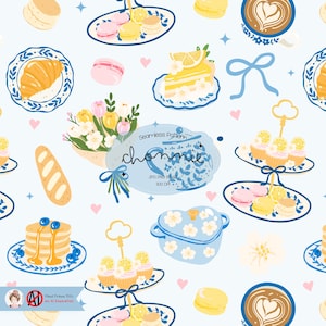 Könnte beinhalten: Ein nahtloses Muster mit verschiedenen Backwaren und Desserts, darunter Croissants, Macarons, Cupcakes und Pfannkuchen. Das Design umfasst blau-weiße Teller, florale Elemente und einen hellblauen Hintergrund mit rosa Herzen.