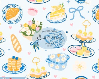 Küsten Brunch Nahtloses Muster, Blau und Gelb Küchen Dekor, Cottagecore Brunch, Küsten Frühstück Hintergrund, Fischer Rapportmuster