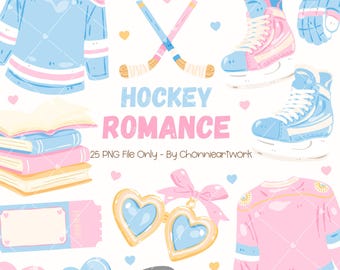 May include: A digital illustration with a hockey romance theme. The image features hockey jerseys, skates, pucks, and hearts in pastel pink and blue. Text includes "HOCKEY ROMANCE" and "25 PNG File Only - By Chonnieartwork".