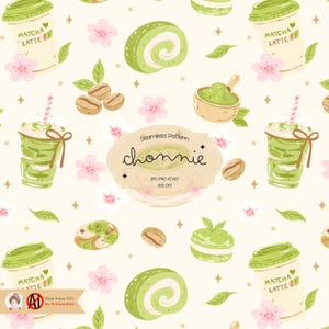 Peut inclure: Un motif sans couture avec des illustrations sur le thème du matcha. Le design comprend des lattes au matcha, des rouleaux de matcha, de la poudre de matcha, des grains de café et des fleurs de cerisier roses. Le texte "chonnie" est au centre.