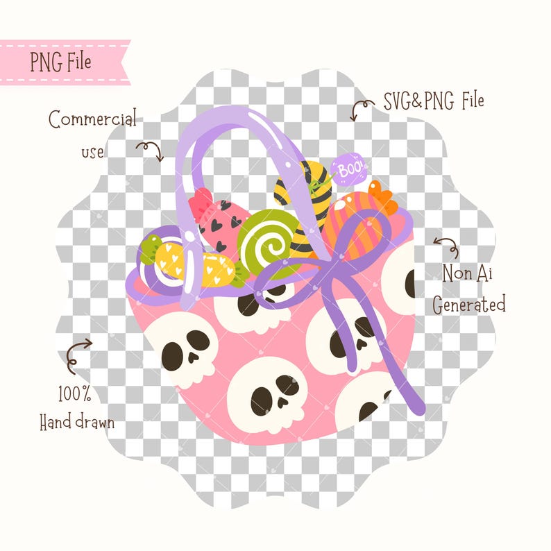 May include: A pink Halloween-themed bag with white skull designs, filled with colorful candies. The bag has a purple handle and bow. The image includes the text "PNG File", "Commercial use", "SVG & PNG File", "100% Hand drawn", and "Non Ai Generated".