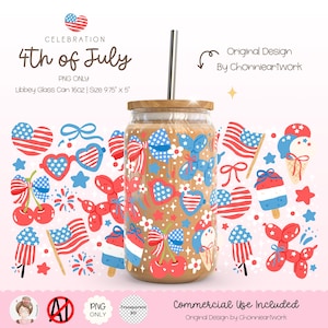 May include: A set of 4th of July themed digital clipart featuring red, white, and blue designs. The clipart includes images of hearts, stars, fireworks, balloons, cherries, ice cream cones, and a glass jar with a straw. The clipart is perfect for creating patriotic crafts, scrapbooking, and digital projects.