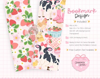 Girly Strawberry Farm Bookmark, Coquette Cow Illustration, Pink Farm Animals, Chicken Lovers, Reader gifts  (PNG, JPG, Digital Download)