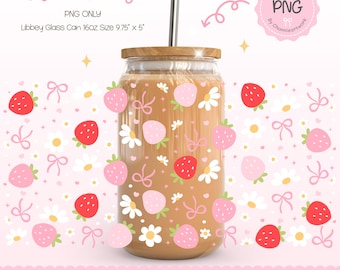 Strawberry Bows Glass Can Wrap, Strawberry Coquette Wrap, Girly Summer Cup, Strawberry Wrap, Cute Strawberry Glass Wrap, UV DTF,Summer Fruit