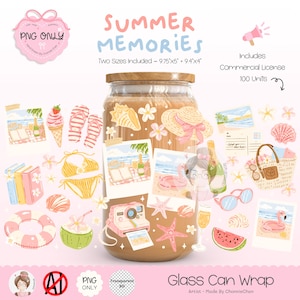 May include: A glass can wrap design with a summer theme. The design includes illustrations of a bikini, ice cream, seashells, a flamingo, and a camera. The text "SUMMER MEMORIES" is displayed in blue and pink. The design includes two sizes: 9.75"x5" and 9.4"x4".