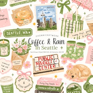 Può includere: Un'illustrazione digitale con elementi a tema Seattle. Include lo Space Needle, stivali da pioggia, tazze di caffè, libri, fiori e il testo "Coffee & Rain In Seattle". La tavolozza dei colori è tenue, con rosa, verdi e marroni.