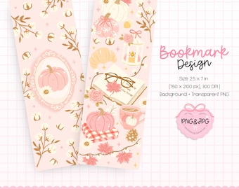 May include: Two pink bookmarks with fall-themed illustrations. One features a pumpkin in a decorative frame, the other has pumpkins, a book, and a coffee cup. The bookmarks are 25 x 7 inches.