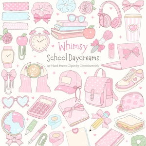 Rosa cancelleria scolastica Planner Clipart PNG SVG Coquette School Girl Clipart Fiocco cancelleria Stravagante Adesivo disegnato a mano Download digitale