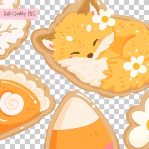 May include: A selection of cartoon cookies with a seasonal theme. The cookies feature a sleeping fox, a leaf, a slice of pie, a candy corn, and a flower. The fox cookie is orange and white with a brown outline. The other cookies are orange, white, and brown.