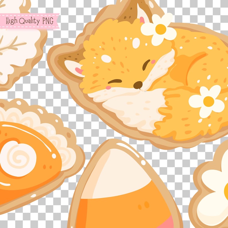 May include: A selection of cartoon cookies with a seasonal theme. The cookies feature a sleeping fox, a leaf, a slice of pie, a candy corn, and a flower. The fox cookie is orange and white with a brown outline. The other cookies are orange, white, and brown.