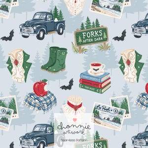 May include: A seamless pattern on a light blue background featuring illustrations of a dark blue pickup truck, green rain boots, a stack of books, a red apple, bats, a sign reading FORKS AFTER DARK, and postcards labeled La Push Washington.