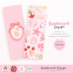 May include: Two pink bookmarks with seashell, bow, and starfish designs. One bookmark features a seashell in a decorative frame. The other has a pattern of strawberries, bows, and seashells. The bookmarks are 7 inches tall.