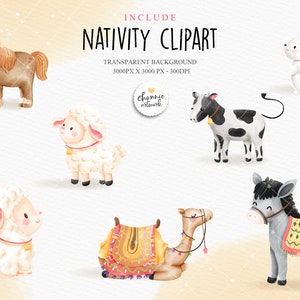 Puede incluir: Conjunto de clipart de acuarela de animales de la natividad, que incluye un camello, un burro, una vaca, una oveja, un caballo y un conejo. Los animales son todos blancos con acentos marrones, negros y grises. El fondo es amarillo claro.