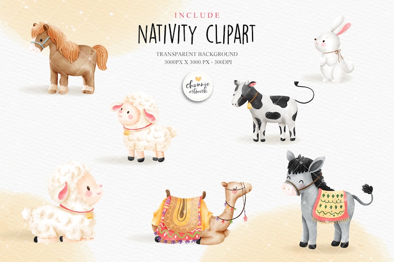 Puede incluir: Conjunto de clipart de acuarela de animales de la natividad, que incluye un camello, un burro, una vaca, una oveja, un caballo y un conejo. Los animales son todos blancos con acentos marrones, negros y grises. El fondo es amarillo claro.