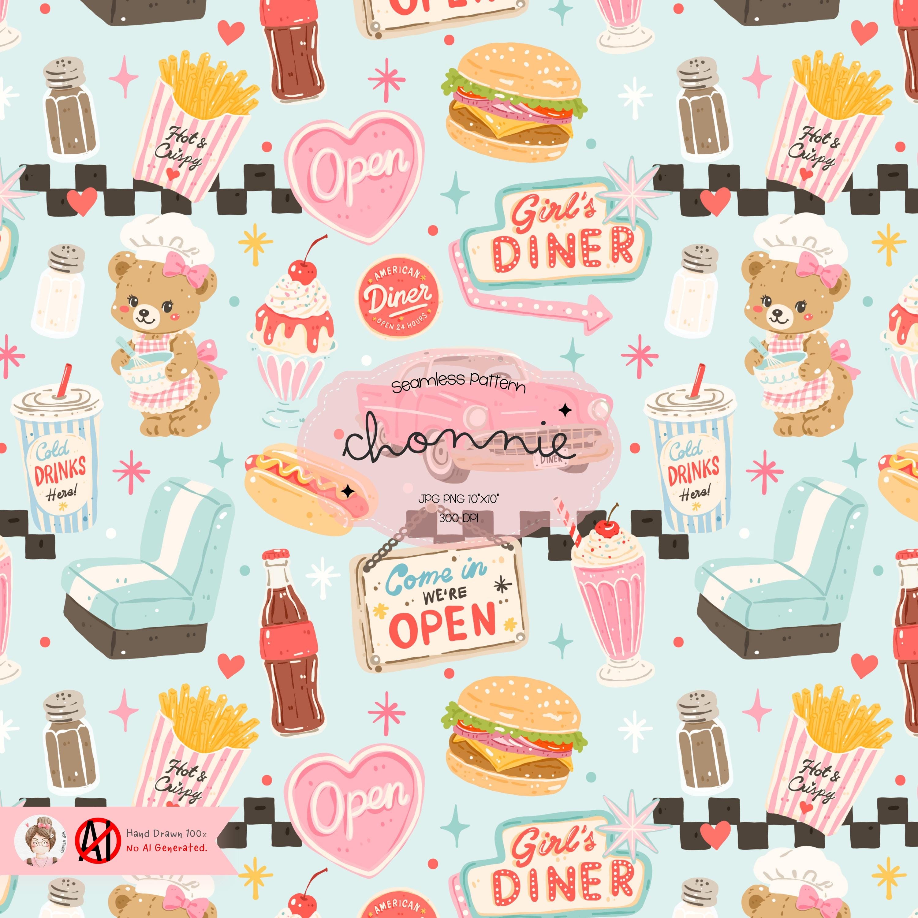Retro American Diner Seamless Pattern, Vintage American Diner Digital ...
