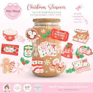 Puede incluir: Un diseño de envoltura para taza titulado Christmas Sleepover con ilustraciones dibujadas a mano de chocolate caliente, hombre de jengibre, pijama, calcetines, pantuflas de reno, pizza y boleto de cine, dimensiones 24,7x12,7 cm y 23,8x10,1 cm.