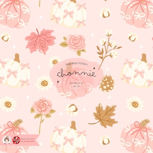 Peut inclure: Motif sans couture avec des citrouilles, des nœuds, des fleurs et des feuilles dans des tons de rose, blanc et marron. Le motif comprend le texte "chonnie" et "JPG PNG 10x10 300 DPI". Le thème général est l'automne.