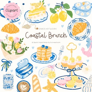 Kustbrunch Clipart, Blå och Gul Köksinredning, Cottagecore Brunch, Kustfrukost, Pannkaka, Kaffe Clipart Set Fiskarliv