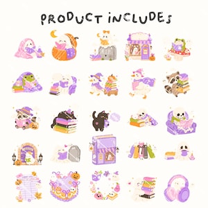 Puede incluir: Una colecci&oacute;n de ilustraciones caprichosas con tem&aacute;tica de Halloween. La imagen presenta varios personajes de dibujos animados, incluyendo fantasmas, gatos y mapaches, leyendo libros y usando sombreros de bruja. El texto "PRODUCT INCLUDES" est&aacute; en la parte superior.
