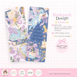 Op de afbeelding: Twee verticale rechthoekige bladwijzers met lichtblauwe draken, lavendelkleurige linten, boeken en bloemmotieven. De rechter bladwijzer bevat de tekst A Little Magic Between the Pages. Het ontwerp toont sterren, kaarsen en lakzegels in zachte tinten.