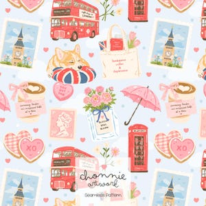 Puede incluir: Un patrón sin costuras con ilustraciones temáticas de Londres sobre un fondo azul claro. Incluye autobuses rojos de dos pisos, el Big Ben, un corgi, flores rosas, un paraguas rosa y una cabina telefónica. El patrón también tiene el texto "chonnie artwork" y "Seamless Pattern".