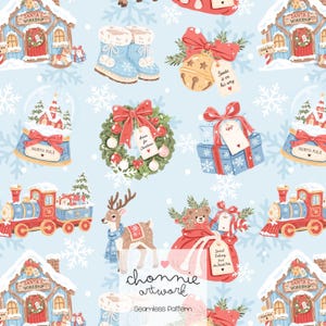 Puede incluir: Un patrón continuo sobre fondo azul claro con ilustraciones navideñas que incluyen talleres de Santa, botas de invierno azules, campanas doradas, coronas, regalos, trenes, renos y ositos en un saco rojo con el texto Chonnie artwork.