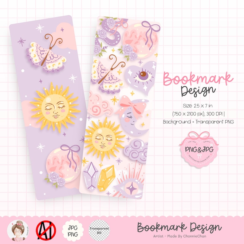 May include: Two decorative bookmarks with celestial and whimsical designs. One features a butterfly, sun, and moon, while the other showcases a snake, heart, and eye. The bookmarks are approximately 25 x 7 inches in size, with a transparent background.