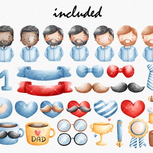 May include: A set of watercolor illustrations featuring a variety of father's day themed elements, including dads, hearts, mustaches, bow ties, glasses, and a crown. The illustrations are in shades of blue, red, yellow, and brown.