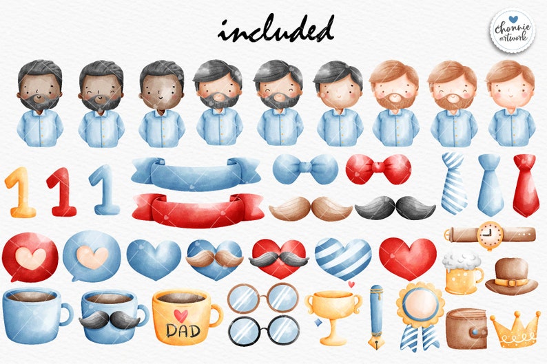 May include: A set of watercolor illustrations featuring a variety of father's day themed elements, including dads, hearts, mustaches, bow ties, glasses, and a crown. The illustrations are in shades of blue, red, yellow, and brown.