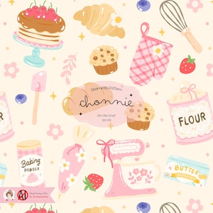 May include: A seamless pattern featuring baking-themed illustrations. The design includes a cake, croissants, cupcakes, a whisk, an oven mitt, a mixer, and containers of flour, butter, and baking powder. The word "chonnie" is in the center of the image.