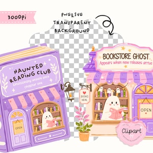 Puede incluir: Una ilustraci&oacute;n caprichosa de dos librer&iacute;as con personajes fantasmales. Una tienda se llama "Haunted Reading Club" y la otra "Bookstore Ghost". Ambas presentan libros, letreros de apertura y el texto "Books Heal".