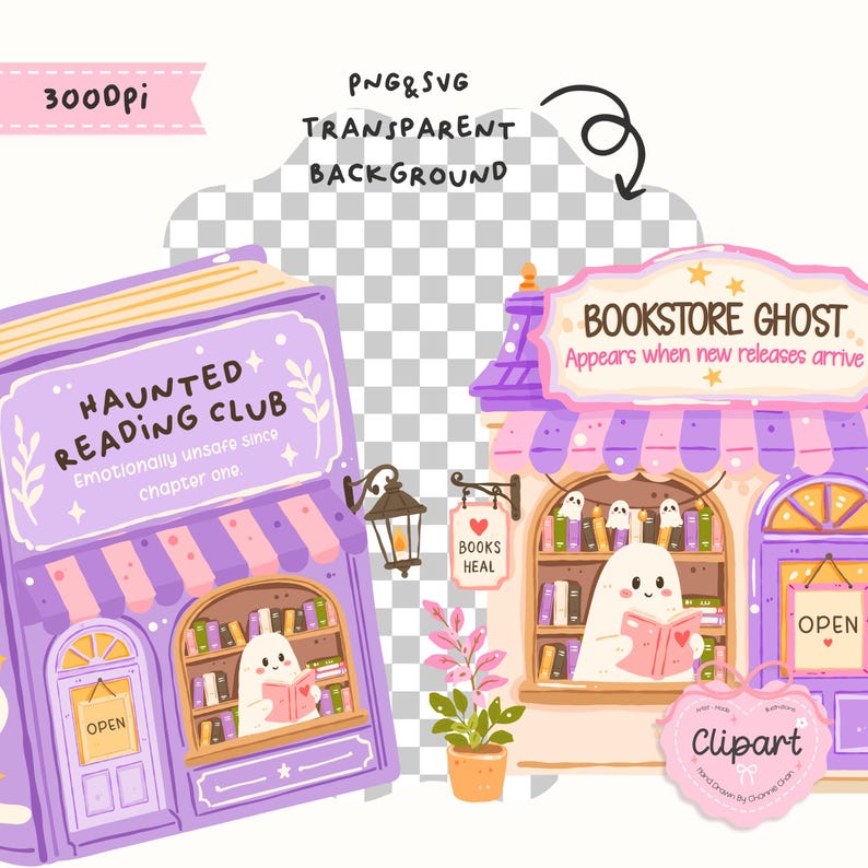 Puede incluir: Una ilustraci&oacute;n caprichosa de dos librer&iacute;as con personajes fantasmales. Una tienda se llama "Haunted Reading Club" y la otra "Bookstore Ghost". Ambas presentan libros, letreros de apertura y el texto "Books Heal".