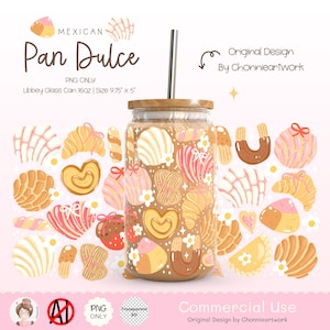 Puede incluir: Una ilustración digital de un frasco de vidrio con tapa y una pajita, lleno de coloridos pasteles mexicanos llamados "Pan Dulce". El frasco está rodeado de un fondo rosa con más pasteles Pan Dulce. El texto "MEXICAN Pan Dulce" está en la parte superior de la imagen. El texto "PNG ONLY" está debajo de la imagen del frasco. El texto "Libbey Glass Can 16oz | Size 9.75" x 5" está debajo del texto "PNG ONLY".