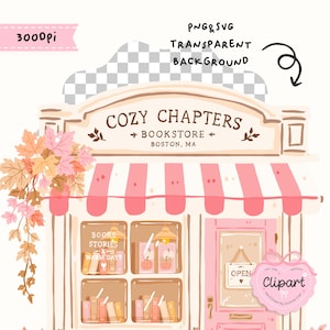 May include: A digital illustration of a bookstore storefront named Cozy Chapters Bookstore Boston, MA. The shop features a pink and white striped awning, a pink door with an open sign, and windows displaying books. Autumn leaves hang on the left side.