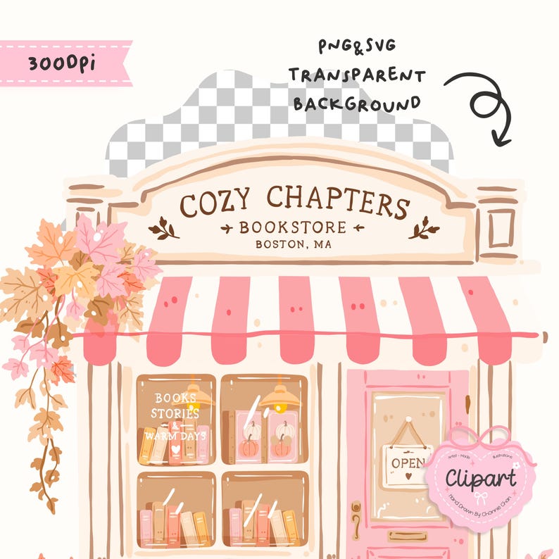 May include: A digital illustration of a bookstore storefront named Cozy Chapters Bookstore Boston, MA. The shop features a pink and white striped awning, a pink door with an open sign, and windows displaying books. Autumn leaves hang on the left side.