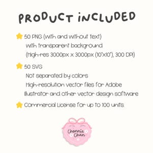 Może przedstawiać: Białe tło z napisem "PRODUCT INCLUDED" w stylu odręcznym. Tekst opisuje 50 plik&oacute;w PNG, 50 plik&oacute;w SVG i licencję komercyjną. Obraz zawiera r&oacute;żowe logo w kształcie serca z napisem "Chonnie Chan".