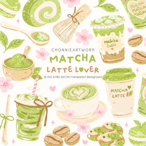 Puede incluir: Ilustración con temática de matcha, que incluye lattes de matcha, un batidor, una cuchara y un cuenco de polvo de matcha. El diseño presenta el texto "Matcha Latte Lover" y elementos decorativos como flores rosas y granos de café.