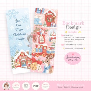 Puede incluir: Dos marcapáginas rectangulares verticales con ilustraciones navideñas. El de la izquierda es azul claro con copos de nieve blancos y el texto Just One More Christmas Chapter sobre un taller de Santa rojo. El de la derecha tiene un fondo rosa con un taller de juguetes, un tren, un reno y cajas de regalo.