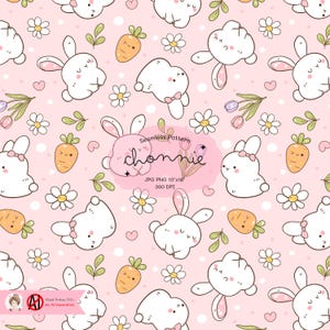 Süßes Kawaii-Kaninchenblüten-nahtloses Muster, Osterkaninchen-Muster, süßes digitales Papier, süßer Häschen-Hintergrund, sich wiederholendes Muster PNG JPG