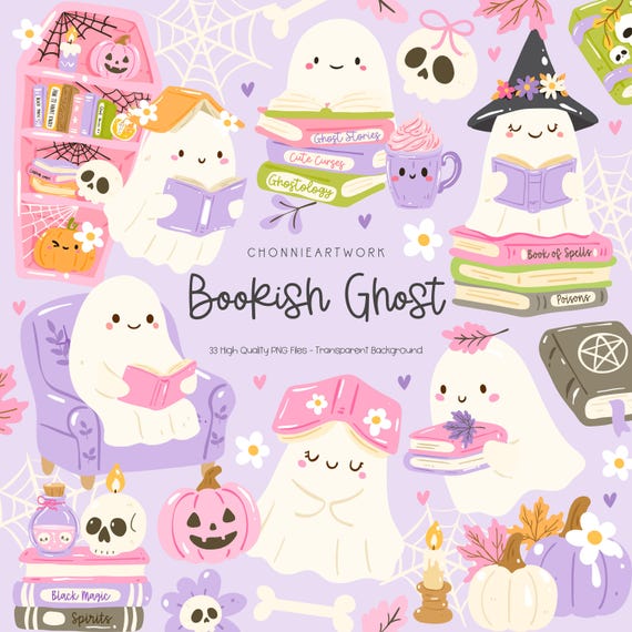Bookish Ghost Clipart Set, Cute Ghost Reading PNG, Spooky Halloween, Halloween Aesthetics, Cozy Bookish Design, Halloween Library Design