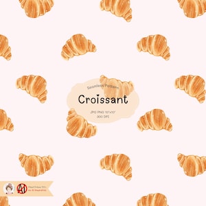 Può includere: Uno schema senza cuciture con un motivo ripetitivo di croissant color marrone dorato su uno sfondo bianco. Il testo "Seamless Pattern Croissant JPG PNG 10"x10" 300 DPI" è visualizzato in una casella a forma di nuvola.