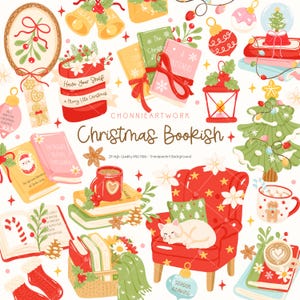 May include: A collection of Christmas-themed illustrations featuring books, ornaments, and festive elements. Includes a red armchair with a white cat, a Christmas tree, and mugs of hot cocoa. The text reads "Christmas Bookish".