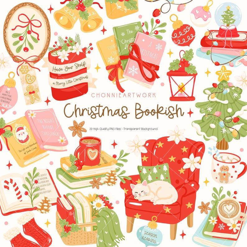 May include: A collection of Christmas-themed illustrations featuring books, ornaments, and festive elements. Includes a red armchair with a white cat, a Christmas tree, and mugs of hot cocoa. The text reads "Christmas Bookish".