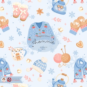 Puede incluir: Patrón sin costuras con ilustraciones de invierno. Incluye un cárdigan azul claro con diseños de cerezas, mitones, un gorro, una bufanda y una taza de chocolate caliente. La palabra "chonnie" es visible. El fondo es azul claro.