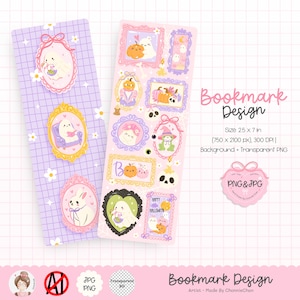 Puede incluir: Dos diseños de marcapáginas con ilustraciones caprichosas. Uno es lavanda con un patrón de cuadrícula y personajes de fantasmas y conejos enmarcados. El otro es rosa con imágenes enmarcadas con temática de Halloween, incluyendo fantasmas, calabazas y una calavera. El texto "Bookmark Design" es visible.