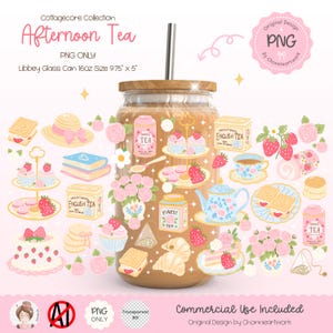 May include: A glass can with a wooden lid and a metal straw, decorated with illustrations of teacups, cakes, strawberries, and tea boxes. The words "Afternoon Tea" are displayed above the can. The can is 9.75 inches tall and 5 inches wide.